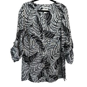Cynthia Rowley 1X Linen Palm Print Roll Tab Sleeves Mother of Pearl Buttons Top